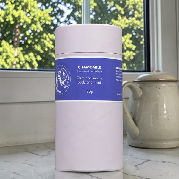 Chamomile Loose Leaf Tea Canister sitting on a kitchen counter