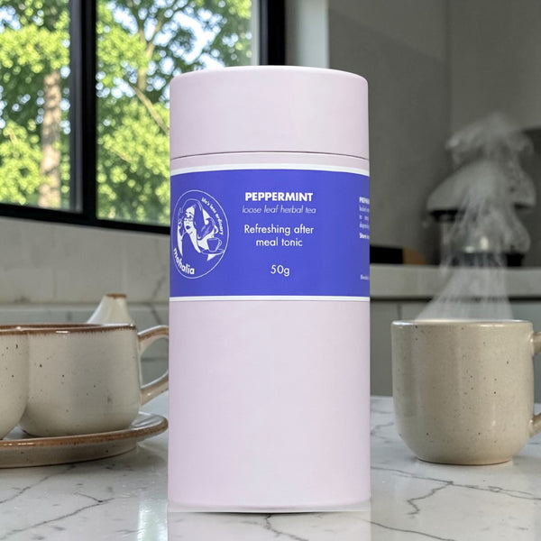 Peppermint Loose Leaf Tea Canister sitting on a kitchen counter